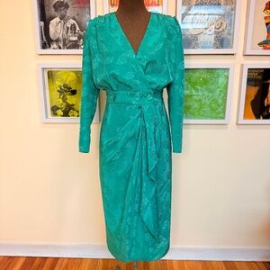💚 Vintage 80s Teal Leaf Jacquard Long Sleeve Midi Dress